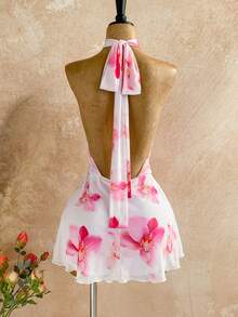 Soleia Women's Vacation Casual Floral Print Backless Halter Mini Dress - Pink - View 2