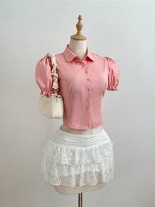SHEIN Unity Camisa feminina de cor sólida com gola dobrável, abotoamento simples, moderna e versátil para o dia a dia. Manga bufante. - Rosa - Ver 3