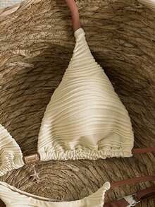 Swim Mod 2026春夏吊带纯色甜美可爱碎花装饰侧高衩两件式比基尼套装 - 杏色 - 查看 6