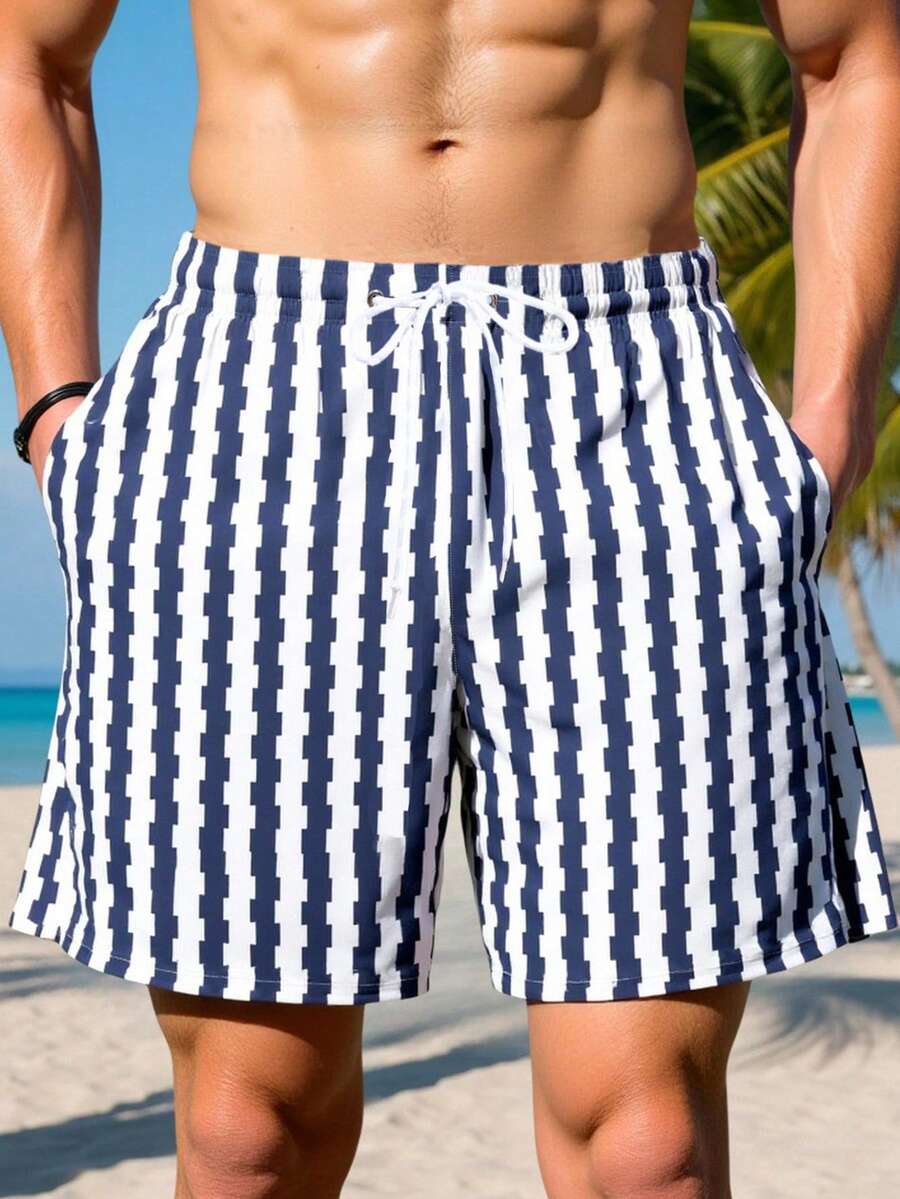 Solantero 男士休闲条纹沙滩短裤 - 藍色 - 查看 1
