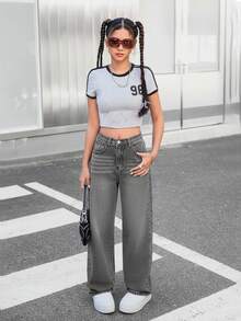 SHEIN 少女休闲水洗宽松直筒牛仔裤 - 淺灰色 - 查看 4
