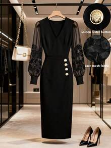 GlowEve CURVE Đầm dài tay cao cấp, thanh lịch, cổ chữ V, tay lưới, xếp ly, cỡ lớn dành cho nữ. - màu đen - Xem 6