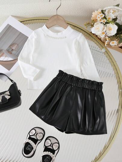 SHEIN 可爱女婴纯色PU皮短裤，法式优雅淑女风，返校季，时尚街头风，母女装