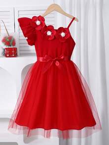 少女红色薄纱派对礼服，不对称花朵贴花，饰以人造珍珠，单肩设计，蝴蝶结点缀，优雅正式礼服，适合婚礼、庆典、演出等场合。 - 紅色 - 查看 1