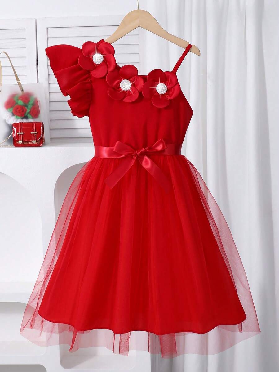 少女红色薄纱派对礼服，不对称花朵贴花，饰以人造珍珠，单肩设计，蝴蝶结点缀，优雅正式礼服，适合婚礼、庆典、演出等场合。 - 紅色 - 查看 1