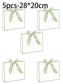 1/5pcs-Landscape-Style Kraft Paper Gift Bags, Shopping Bags, Packaging Bags With Handles, Bow-Decorated Handbags, Trick Or Treat, Halloween, White Large-Capacity Paper Bags, Halloween, Thanksgiving, Christmas, New Year, Wedding, Birthday Gift Packaging Bags - Light green - View 14
