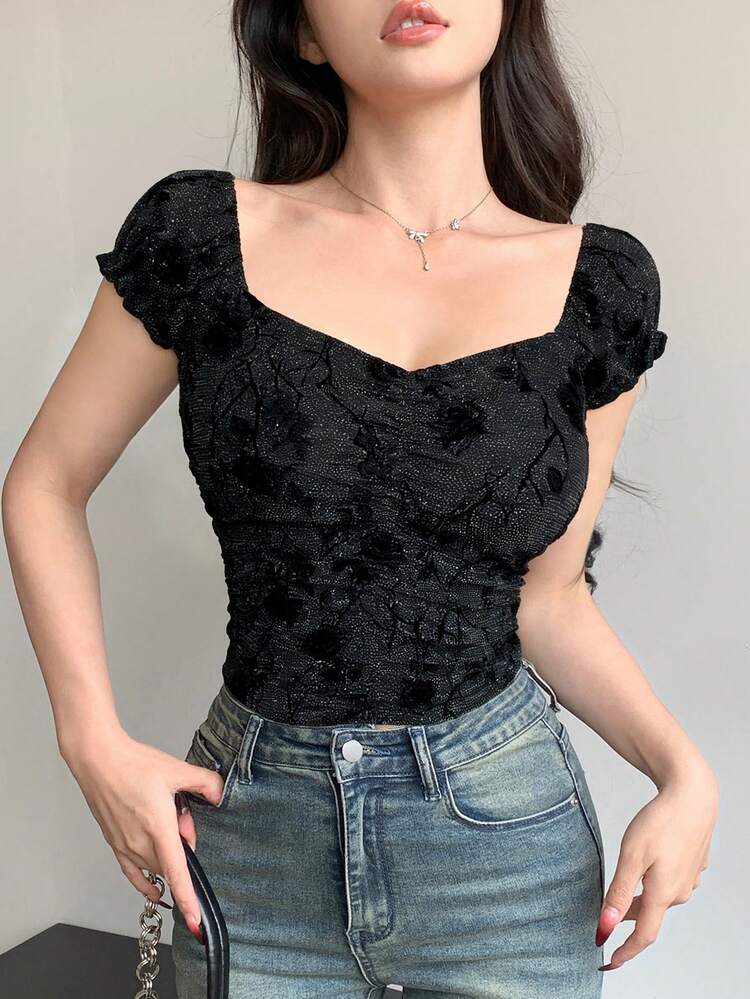 Women's Square Neck Flocked Shiny Textured Fabric Fitted Short Sleeve Vacation Style T-Shirt