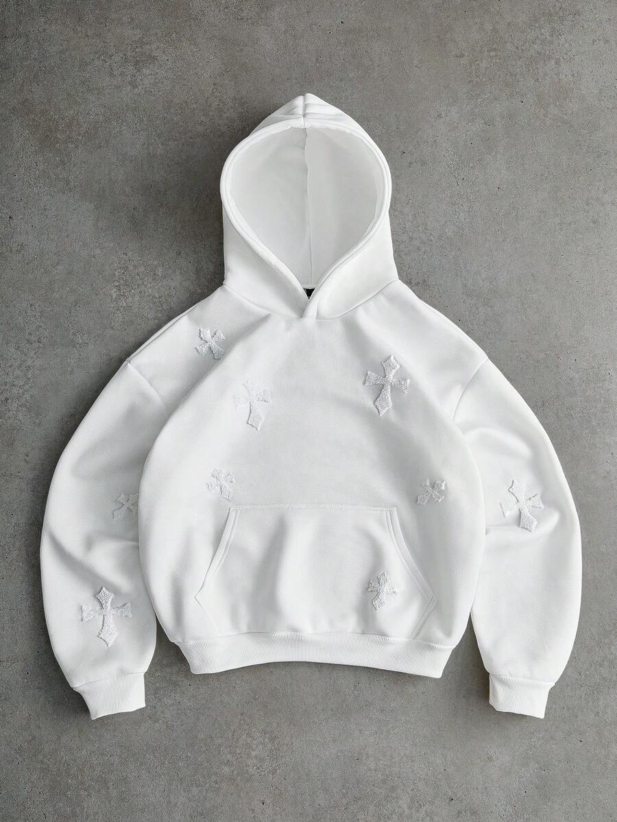 PAVTROS Manfinity Streetrush 男士街头风流行INS同款交叉植绒保暖连帽衫，适合户外音乐节、夜店、酒吧等场合，也可作为男友/老公礼物、周年纪念礼物、街头服饰、运动服，保暖舒适，适合秋冬季节，长袖上衣 - 白色 - 查看 1