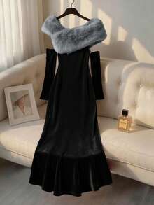 Franclia Women's Elegant Party Faux Fur Collar Fishtail Dress, Autumn/Winter - Black - View 2
