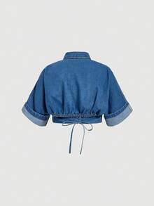 Sweetra Plus Size Fashionable Casual Batwing Sleeve Cropped Denim Jacket - Light Wash - View 2