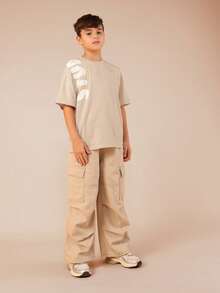 SUMWON Boys Oversized Crew Neck Short Sleeve Graphic Tee With White Letter Print Front And Back Design Cotton Casual Vacation - White - View 3