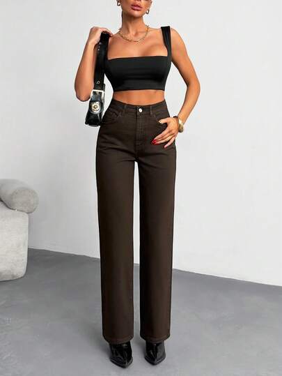 EURMUSE Mocha Brown Comfort Fabric High Waist Straight Leg Denim Jean Zipper Front Detail 100% Cotton Jean