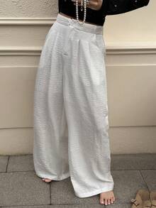 Livesso Women's Casual Everyday Commute Simple Versatile Solid Color High Waist Pleated Loose Wide Leg Pants - White - View 1