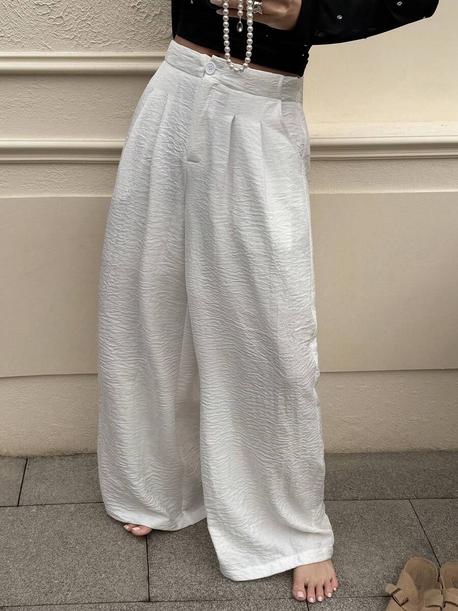 Livesso Women's Casual Everyday Commute Simple Versatile Solid Color High Waist Pleated Loose Wide Leg Pants - White - View 1