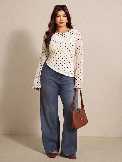 Elaquor Plus Size Elegant Commuter Polka Dot Print Flare Sleeve Asymmetric Hem T-Shirt Plus Size Long Sleeve Top Plus Size Blouses Plus Size Casual Tops Cute Plus Size Tops Tops For Women Plus Spring Outfit For Women Elegant Valentine's Day Dress Spring Dress For Women Spring Outfit For Women Elegant Valentine's Day Top Spring Top For Women