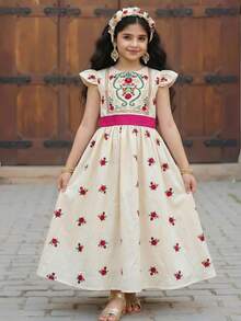 Tween Girl Casual Minimalist Comfortable Round Neck Cap Sleeve Waist Contrast Color Lace Trim Decor Dress - Multicolor - View 3