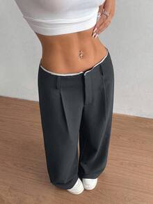 SHEIN Unity 2026 复古新款百搭通勤商务女式垂褶直筒裤，腰部拼接高端设计修身灰蓝色长裤 - Iron Gray - 查看 4