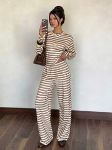 Siren Gaze Women's Fabric Striped Long Sleeve Round Neck Tee And Pants Two-Piece Casual Outfit Rib-Knit Details Aesthetic Tops 70s Tops Striped Top Striped Blouse - Multicolor - View 6