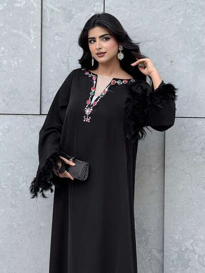 Al Najma Women's Elegant Rhinestone Decorated Arabic Style Dress