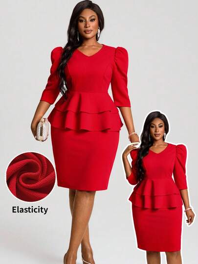 EMERY ROSE Plus Size Women Solid Color Puff Sleeve Ruffle Hem Top And Midi Skirt Elegant 2 Piece Set  New Year New Year Outfit Party Outfit  Legant Dress Women Valentine's Day Elegant Women's Sets Valentine's Day,Spring