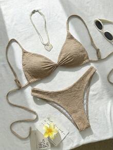 Bellisia Women Textured Minimalist Bikini Set,Khaki,Summer,Tropical,Beach,Vacation,Holiday,Boho Bohemian Elegant Brown Daily Swimwear Set For Cruise,Island - Red - View 9