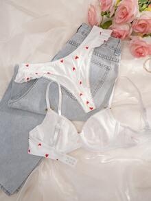 2pcs/Set Women Heart Print Underwire Soft Cup Comfortable Bra Set - White - View 2