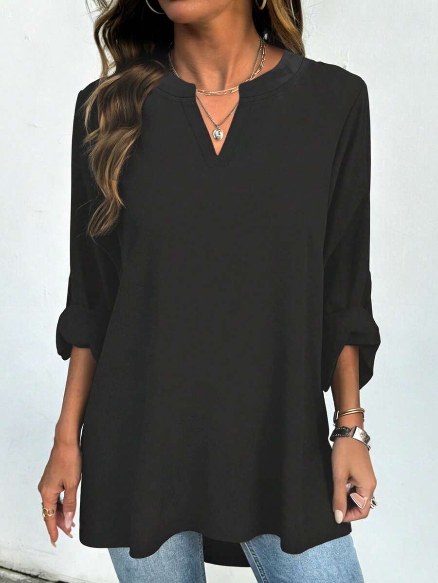 EMERY ROSE Women's Casual Everyday Office Commute Simple Solid Color Notched Neck Loose Blouse, Spring/Autumn - Black - View 1