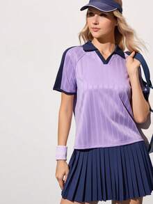 CourtClass Áo tennis nữ tay ngắn raglan cổ phối màu tương phản - Màu tím - Xem 7