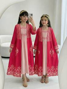 SHEIN 2pcs/Set Tween Girl Jacket & Dress Outfit, Perfect For Spring/Autumn Wear - Burgundy - View 1