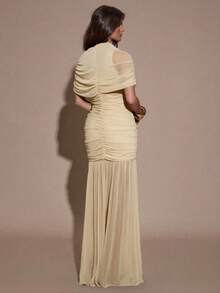 SHEIN BAE Váy ôm body nhún bèo thanh lịch, thích hợp cho tiệc cocktail, hẹn hò lãng mạn, mặc nhiều lớp mùa thu/đông, tiệc tùng, tụ họp trang trọng, Halloween, Giáng sinh - Màu be - Xem 2