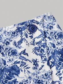 SHEIN MOD Plus Size Women Asymmetric Hem Floral Print Skirt, Vacation Style - Blue and White - View 3