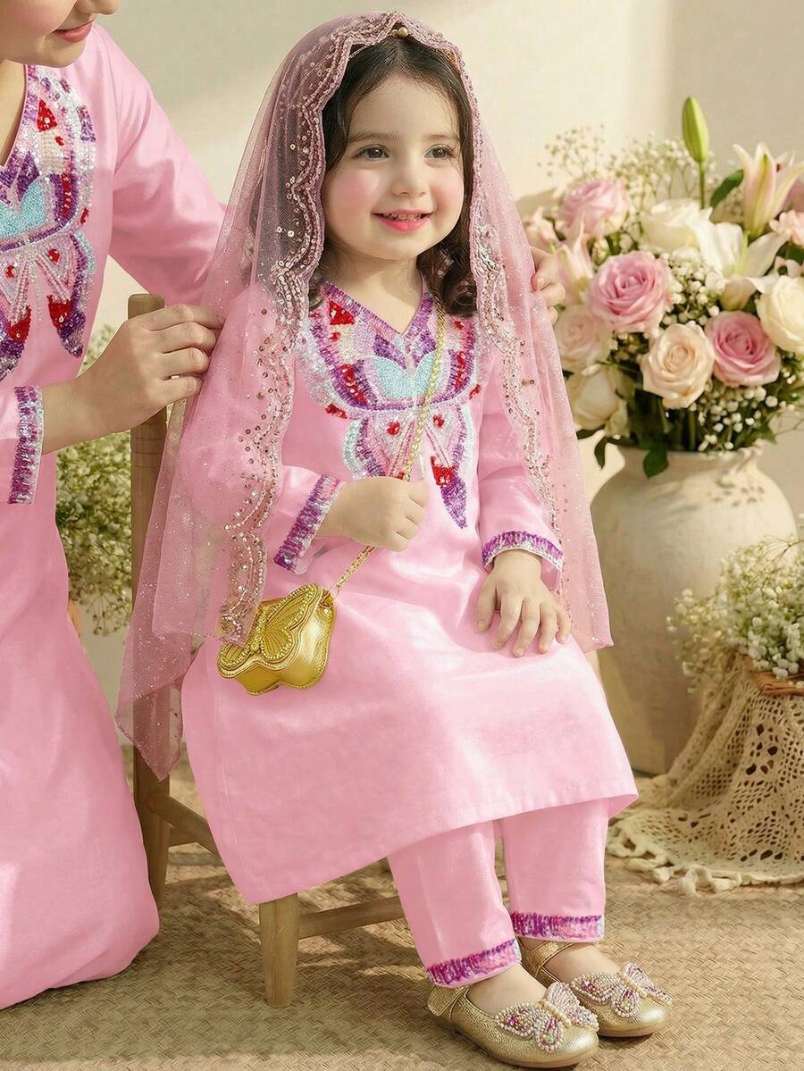 SHEIN Baby Girl V-Neck Butterfly Pattern Long Sleeve Long T-Shirt And Pants Casual Outfit For Daily Wear, Family Gathering - Multicolor - View 1