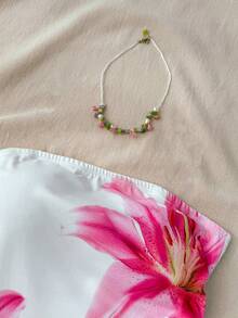 SHEIN Tween Girls White Knit Floral Print Asymmetrical Hem Tube Top Camisole With Drawstring, Spring/Summer - White - View 7