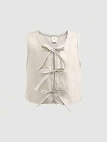 Young Girl Solid Color Round Neck Tie Front T-Shirt And Wide Leg Pants Casual Outfit - Apricot - View 3