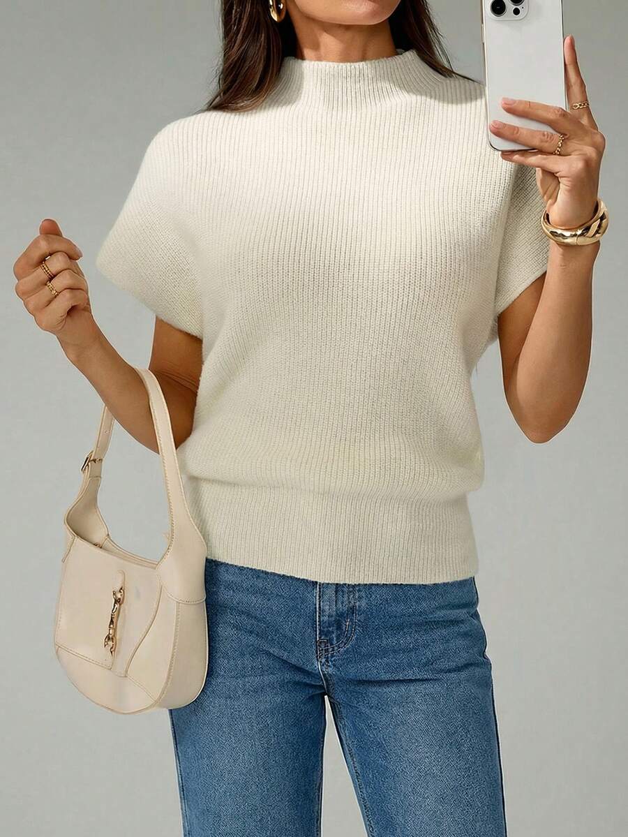 SHEIN Tall 女士休闲纯色简约立领短袖毛衣 - 杏色 - 查看 1