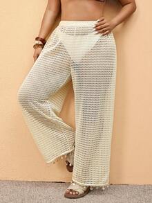 Elaquor Quần ống rộng cạp chun dành cho nữ cỡ lớn, thích hợp mặc ngoài vào mùa xuân. - Màu be - Xem 1