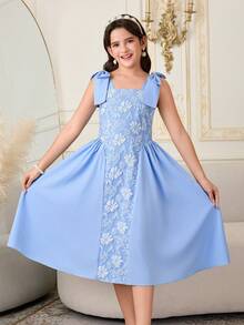 SHEIN 1件女童优雅花卉提花吊带可拆卸蝴蝶结装饰修身拉链后背连衣裙，适合日常穿着、聚会、派对、正式场合 - 藍色 - 查看 4