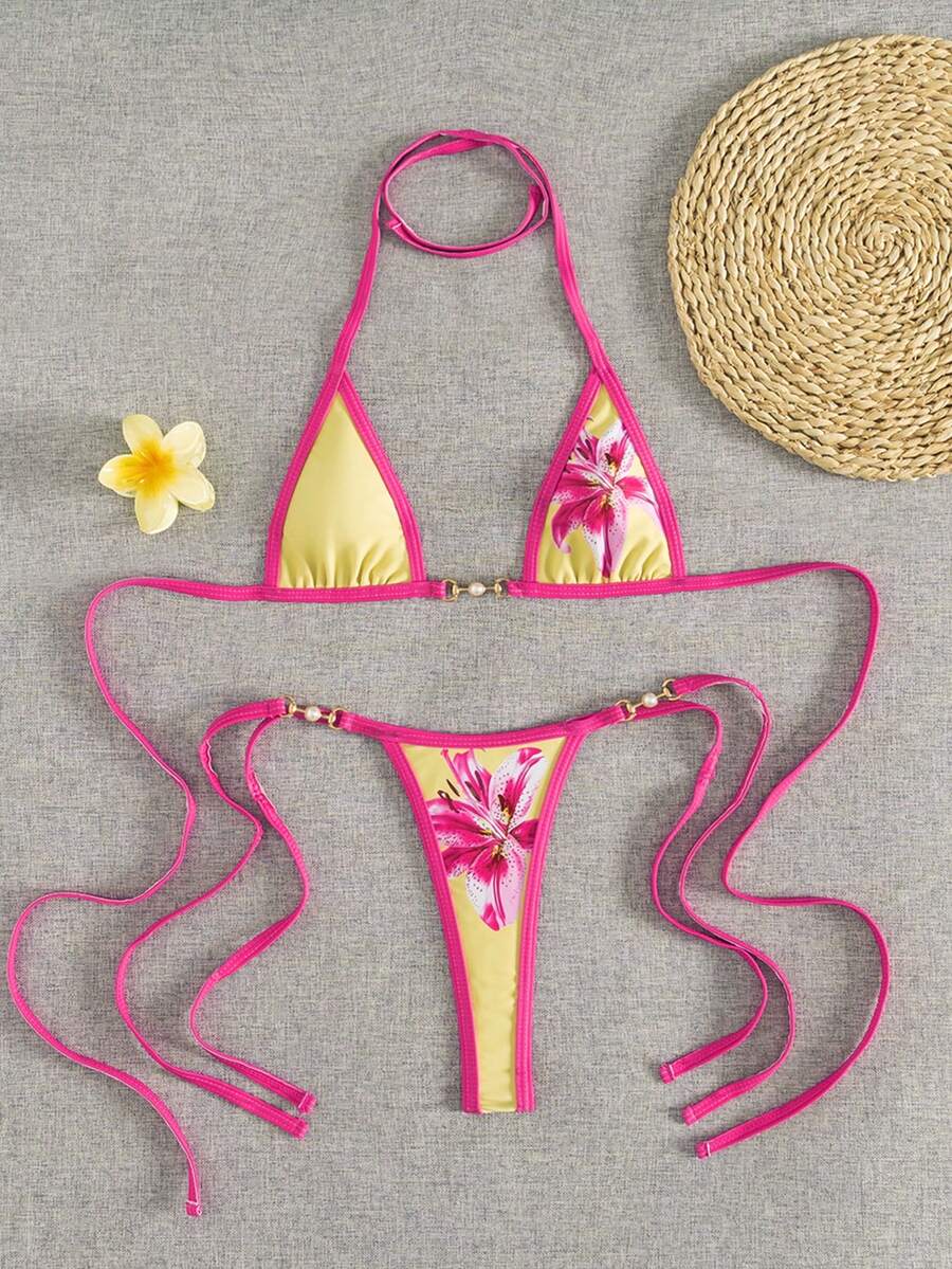 Swim Vcay Swim SXY 2pcs Women's New Floral Print Spaghetti Strap Backless Micro Triangle Top And Thong Sexy Bikini Set Set - Yellow - View 1