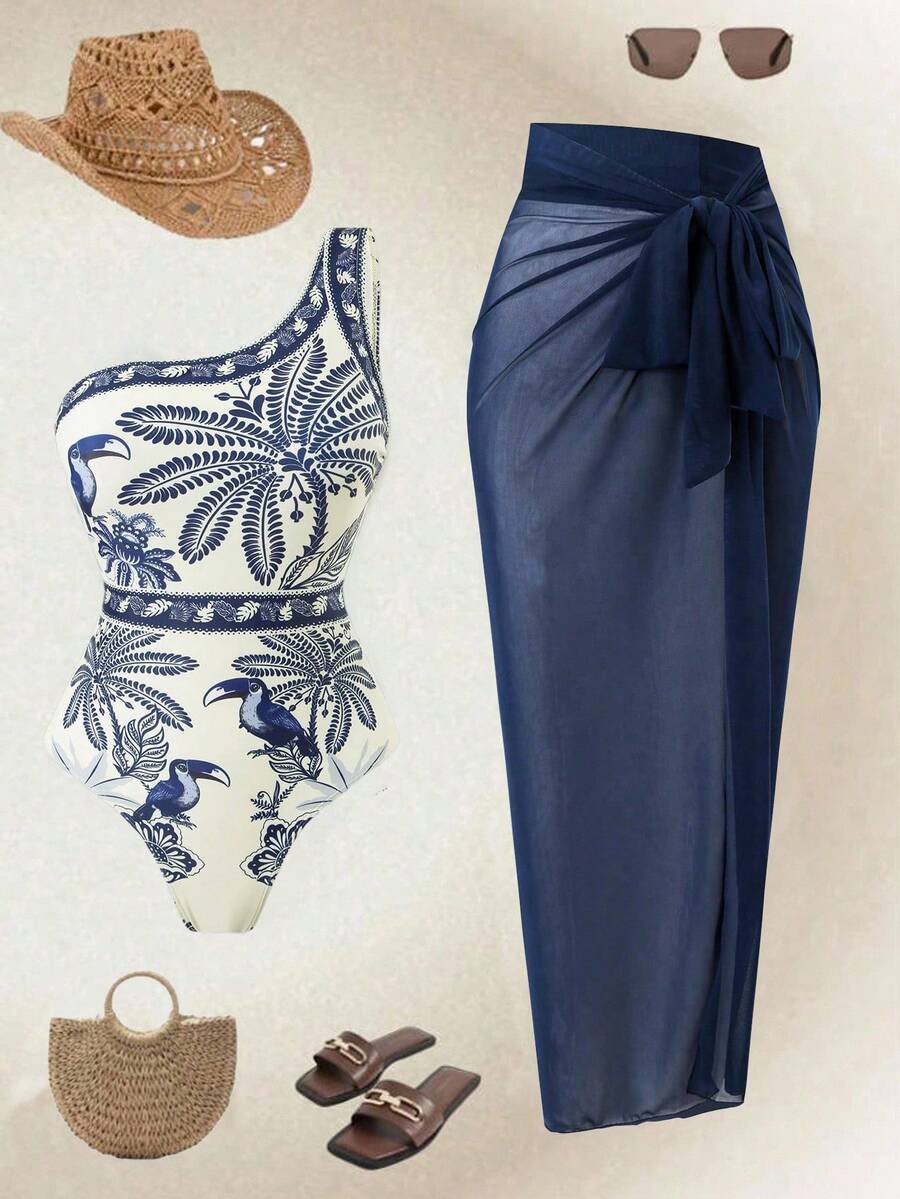 Swim Oasis 2026新款春假两件套，椰树印花泳衣搭配同款沙滩网纱裙，度假波西米亚风节日装扮