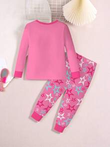 2pcs/Set Toddler Girls' Cartoon Girl Print Crew Neck Top And Colorful Star Print Leggings, Pink Contrast Design, Knit Stretchy Fabric, Casual Homewear - Hot Pink - View 2
