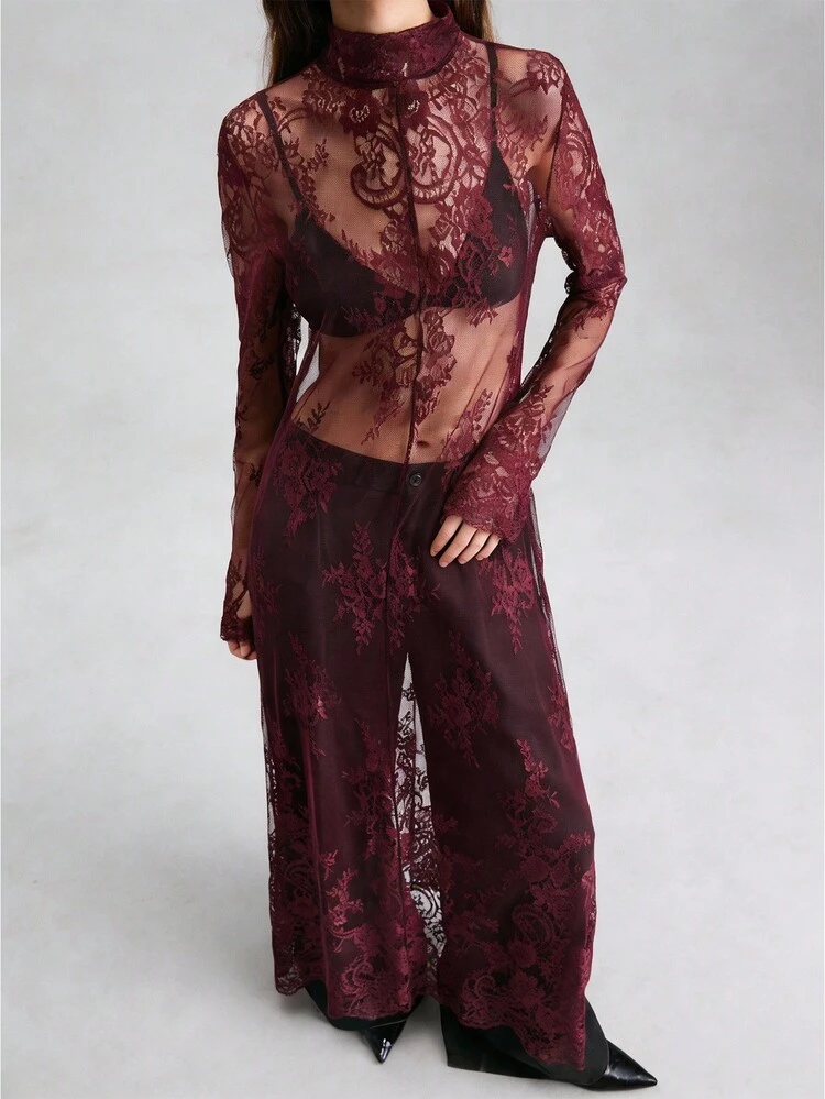 2026SS Women's Burgundy Lace Fabric, Waist-Cinched Fitted Silhouette, Women's Long Dress, Urban Chic Business Casual Elegant Versatile Daily Wear, Party Dress, Summer Date Dress, Women's Holiday Outfit, Beach Outfit, Office Wear