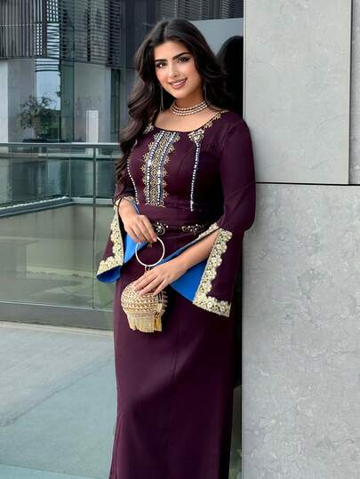 Al Najma Women's Elegant Vintage Beaded & Embroidered Arabic Style Dress