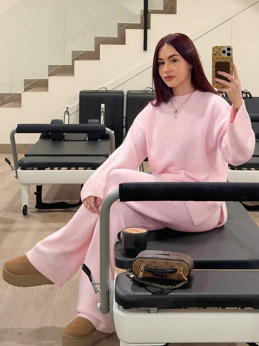 Abrilcols Conjunto de 2 piezas de suéter y pantalones de punto de unicolor casual para mujer, otoño/invierno - Rosa Pálido - Ver 1