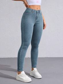 Flexra Solid Color Slant Pocket Skinny Casual Jeans - Dusty Blue - View 6