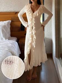 DAZY Vacation Style Textured Hollow-Out Fabric Ruffled Hem Women Sleepwear Robe - White - View 1