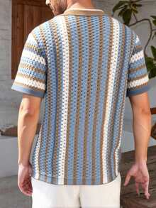 Manfinity RSRT Men's Blue And White Stripe Hollow-Out Crochet Top, Short Sleeve Single-Breasted Knitted Top,Summer Casual Holiday Vacation Resort Wear - Teal Blue - View 2