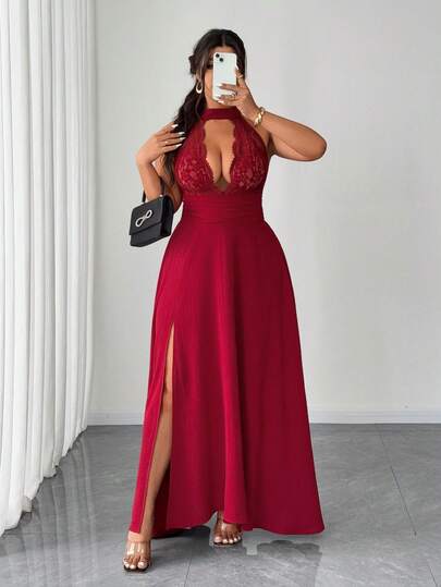 Elenzga Gorgeous Red Lace V-Neck Backless Waist Cinched High Slit Dress, Plus Size, Suitable For Beach Vacation