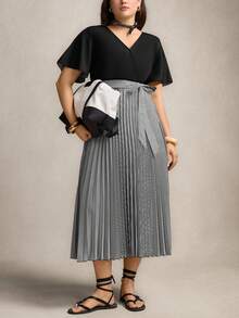 Zelara SHEINLUNE Plus Size Women's Rainbow Pleated V-Neck Lantern Sleeve Tie-Waist Dress Graduation Elegant Women Dress Wedding Guest Dress Women Vacation Outfits Woman Modest Beach Outfits For Glamorous Woman Festival Sundress Birthday Dresses For Women Pride Day - Multicolor - View 6