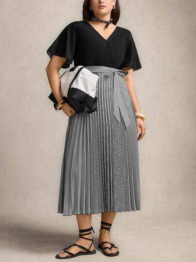 Zelara SHEINLUNE Plus Size Damklänning Regnbågsfärgad Plisserad V-ringad Lyktärm Knytklänning i Midjan Examensklänning Elegant Damklänning Bröllopsgästklänning Dam Semesterkläder Dam Anspråkslösa Strandkläder För Glamorösa Kvinnor Festivalklänning Födelsedagsklänningar För Kvinnor Pride Day