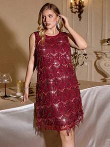 Auralis 大码女装时尚，优雅舒适宽松亮片黑色无袖性感透视连衣裙，派对礼服，女士性感夜店礼服，嘉年华礼服，串珠礼服，黑色连衣裙，女士演唱会礼服，派对礼服 - 酒紅色 - 查看 3